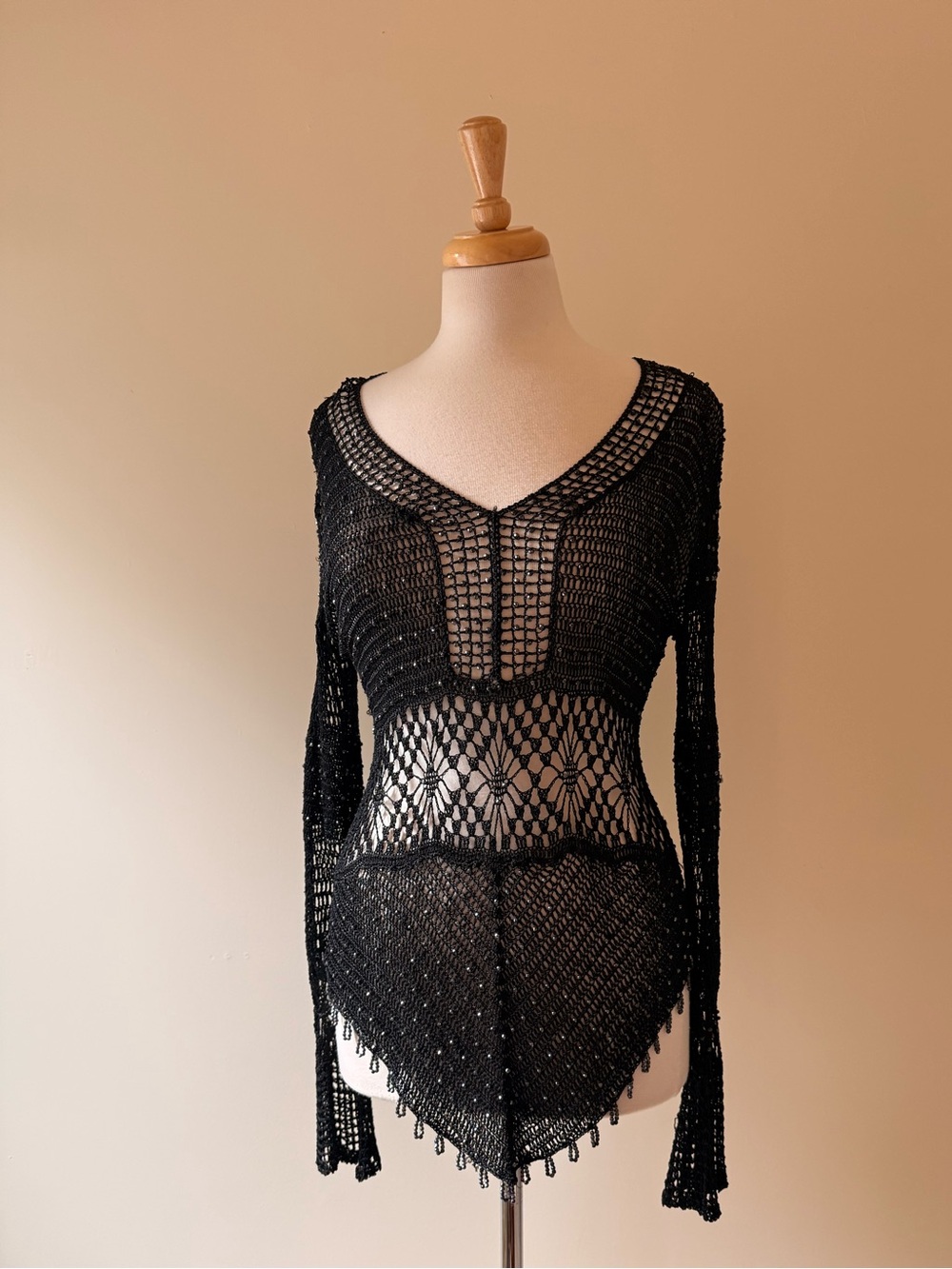 Vintage Black Beaded Crochet Bell Sleeve Fairy Top